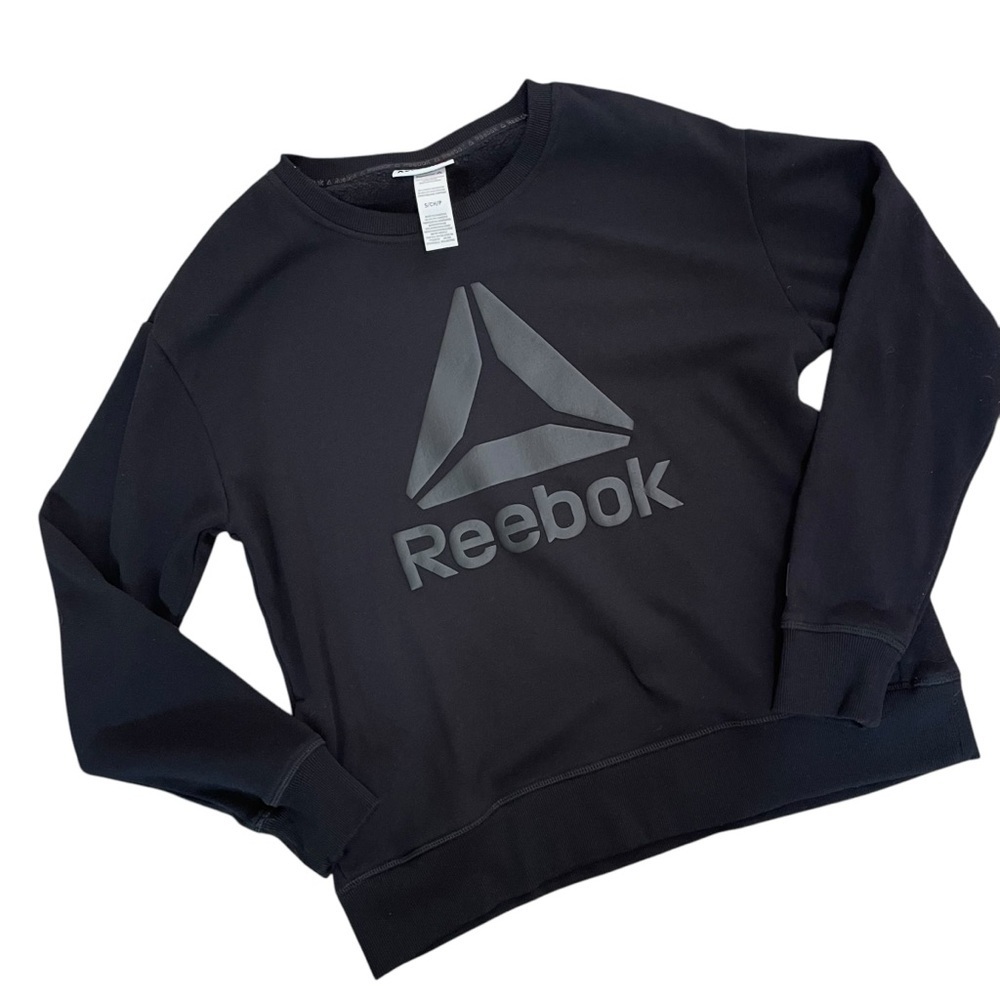 Reebok Logo Front Pullover Crewneck Sweatshirt Black with Pockets Size S